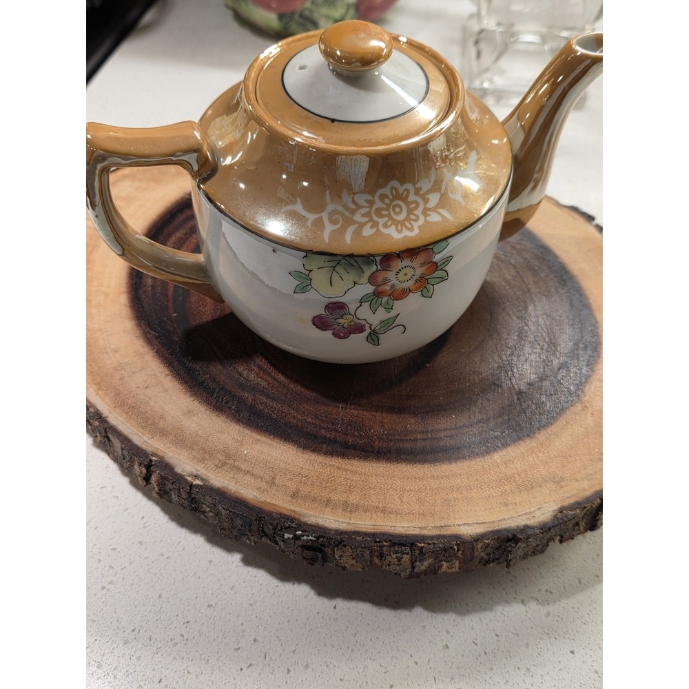 Vintage Japan Brown Floral Handpainted Lusterware Tea Pot With Lid - Picture 12 of 16
